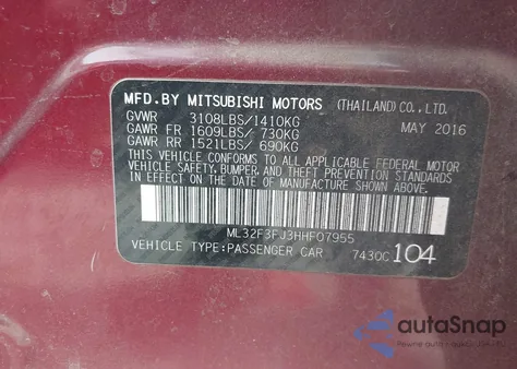 2017 Mitsubishi Mirage G4 Es z USA, uszkodzony, nr VIN ML32F3FJ3HHF07955